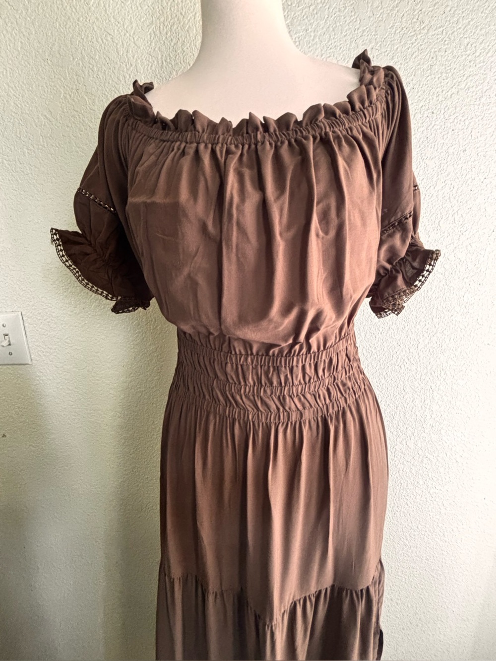 Brown Off-Shoulder boho Smocked high Waist Maxi Dress with slit -New with tags